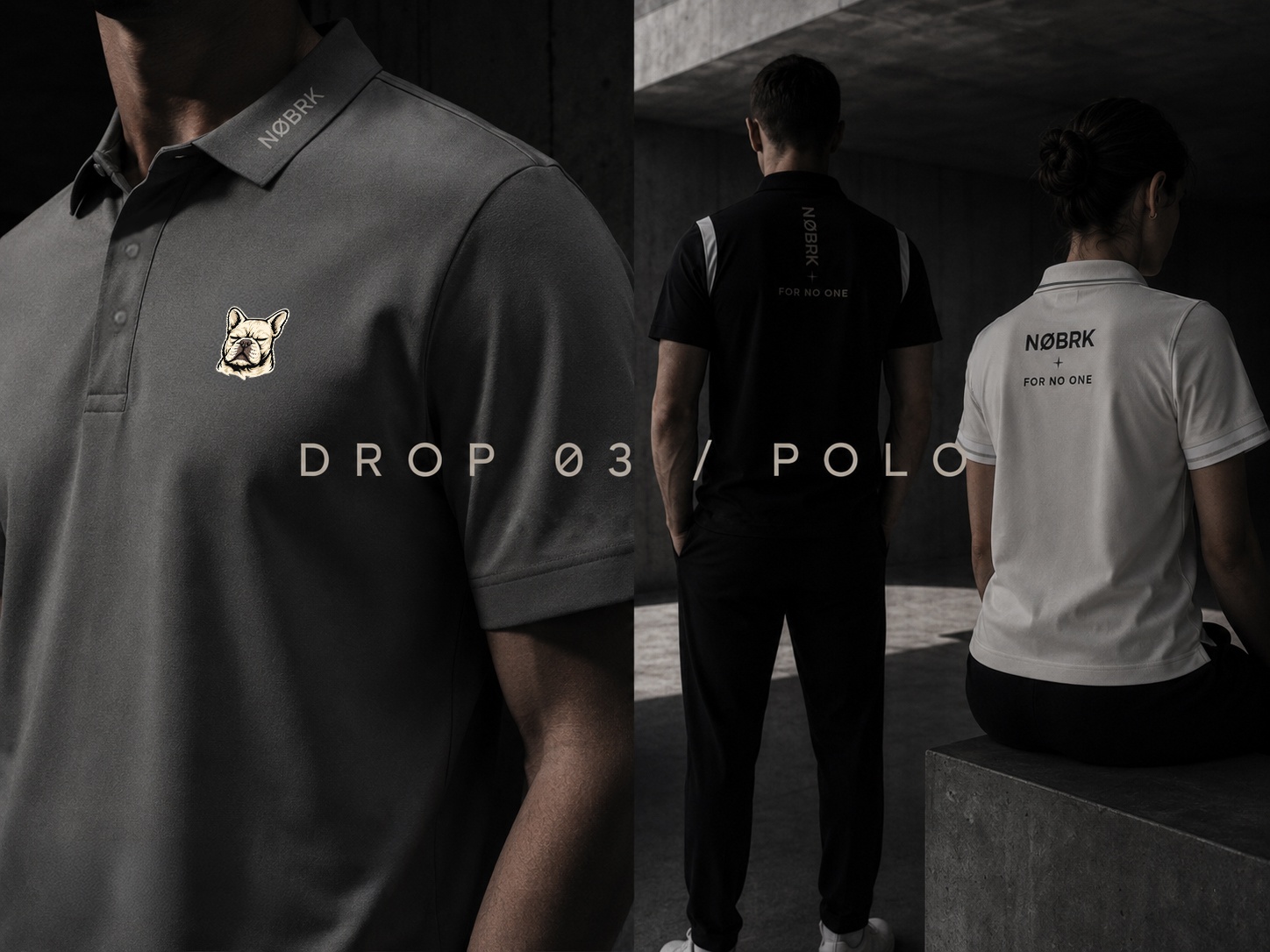 NØBRK Drop 03 polo campaign in a concrete interior